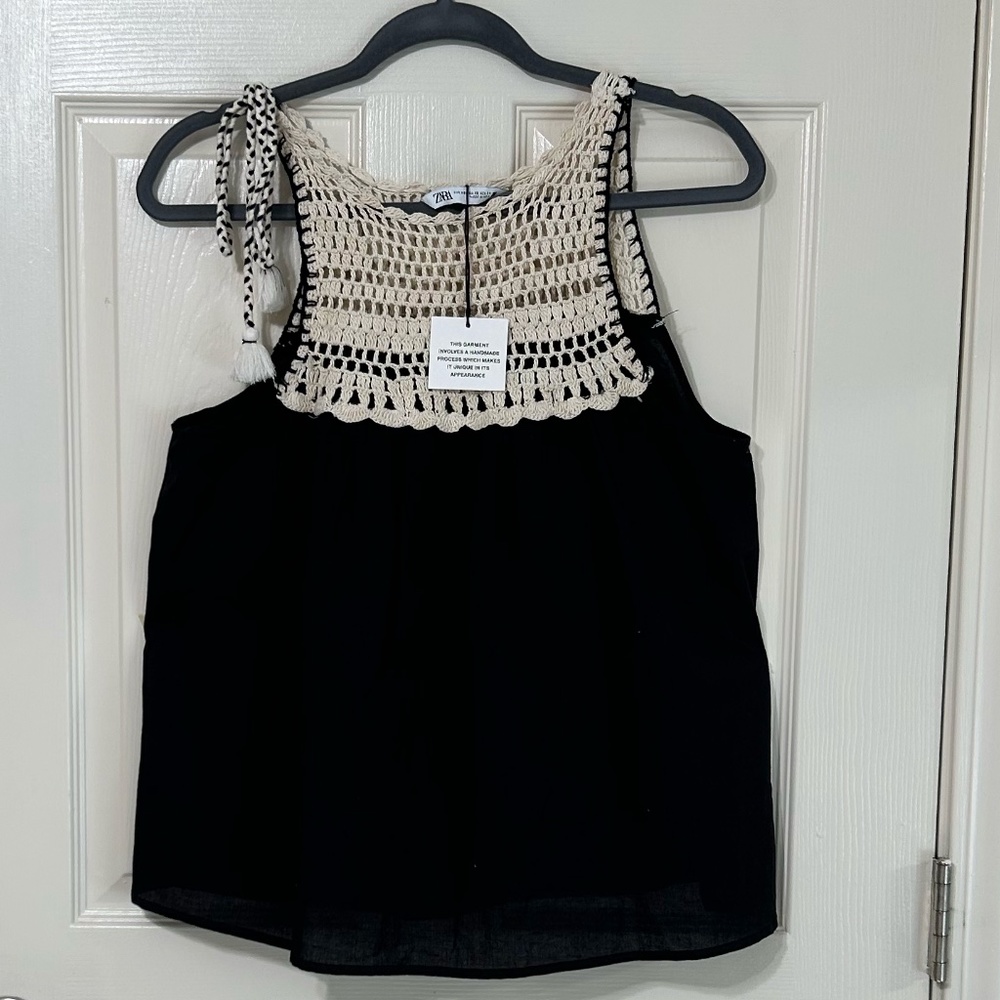 Zara Black Linen and Crochet Blouse